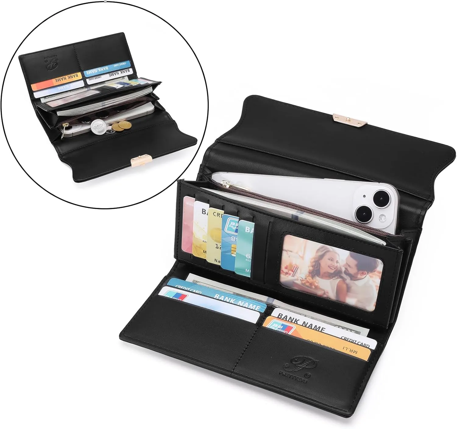 Leather Wallet for Women Trifold Womens' RFID Blocking Wallet Card Holder Purse Clutch with Zipper Coin Pocket,Black