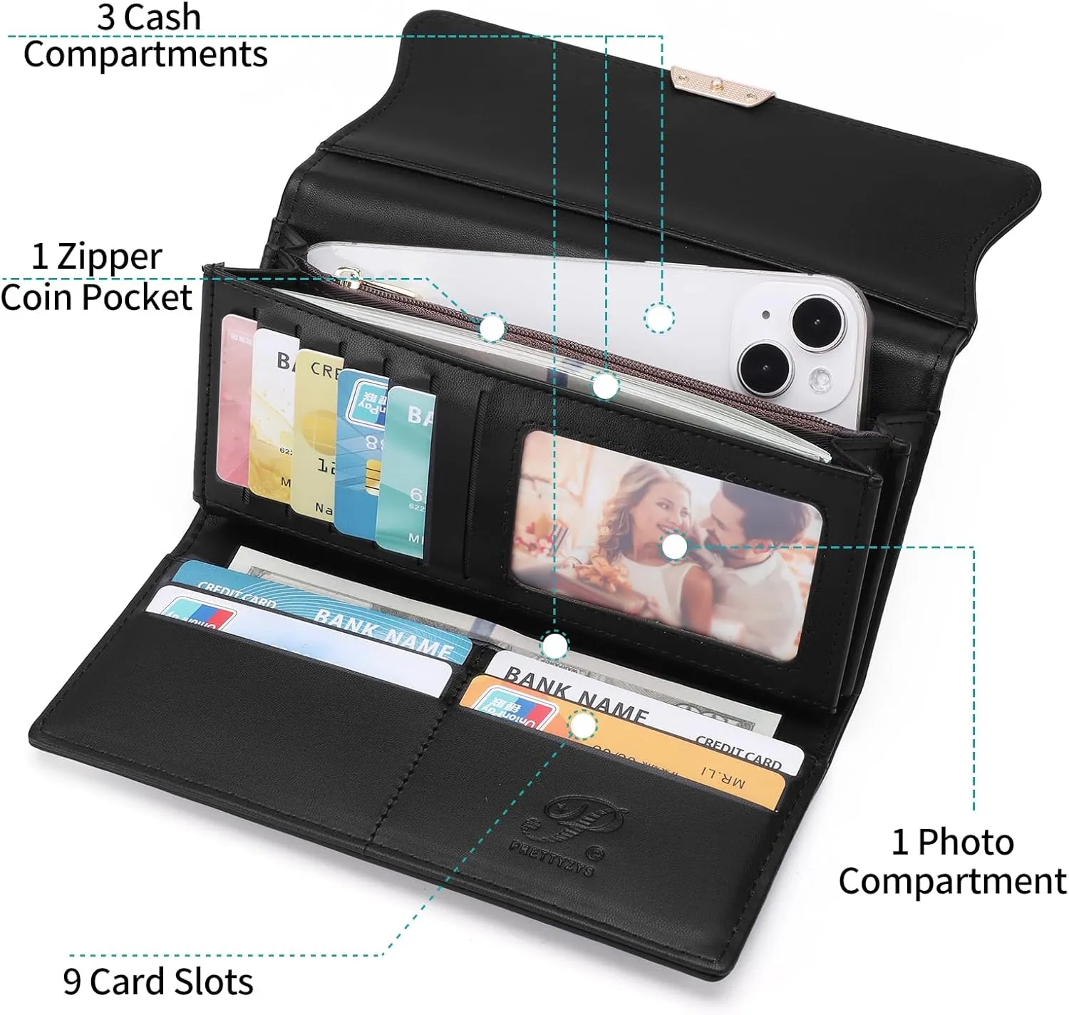 Leather Wallet for Women Trifold Womens' RFID Blocking Wallet Card Holder Purse Clutch with Zipper Coin Pocket,Black
