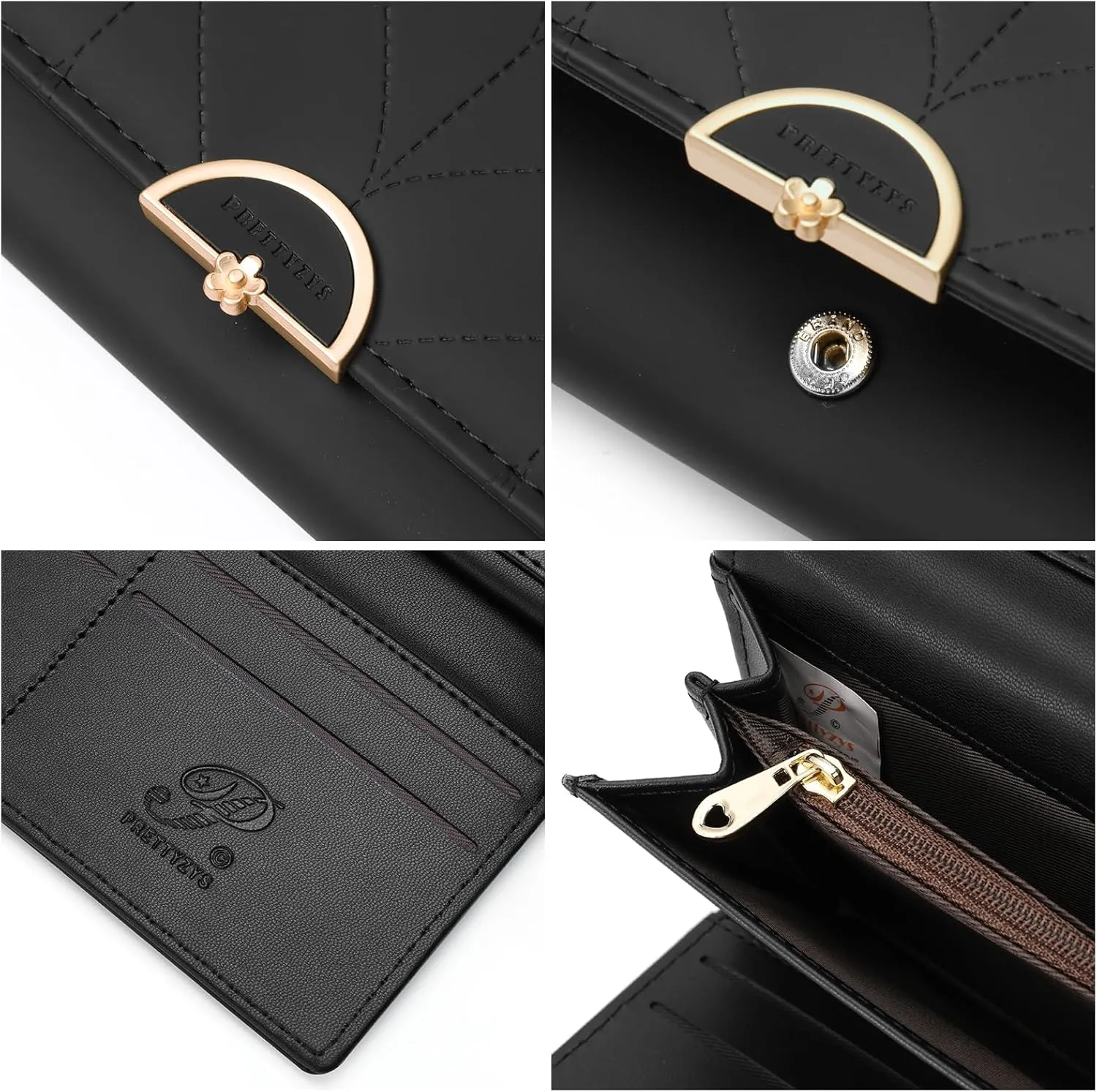 Leather Wallet for Women Trifold Womens' RFID Blocking Wallet Card Holder Purse Clutch with Zipper Coin Pocket,Black