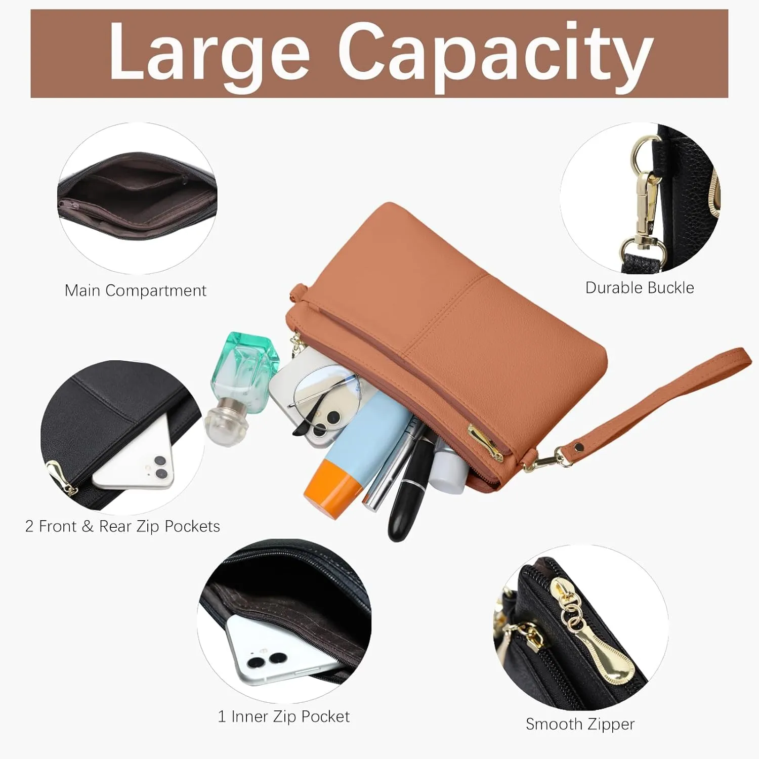 Leather Wristlet Clutch Wallet Purses For Women,Women's Triple Zip Cell Phone Bags Small Crossbody Bag