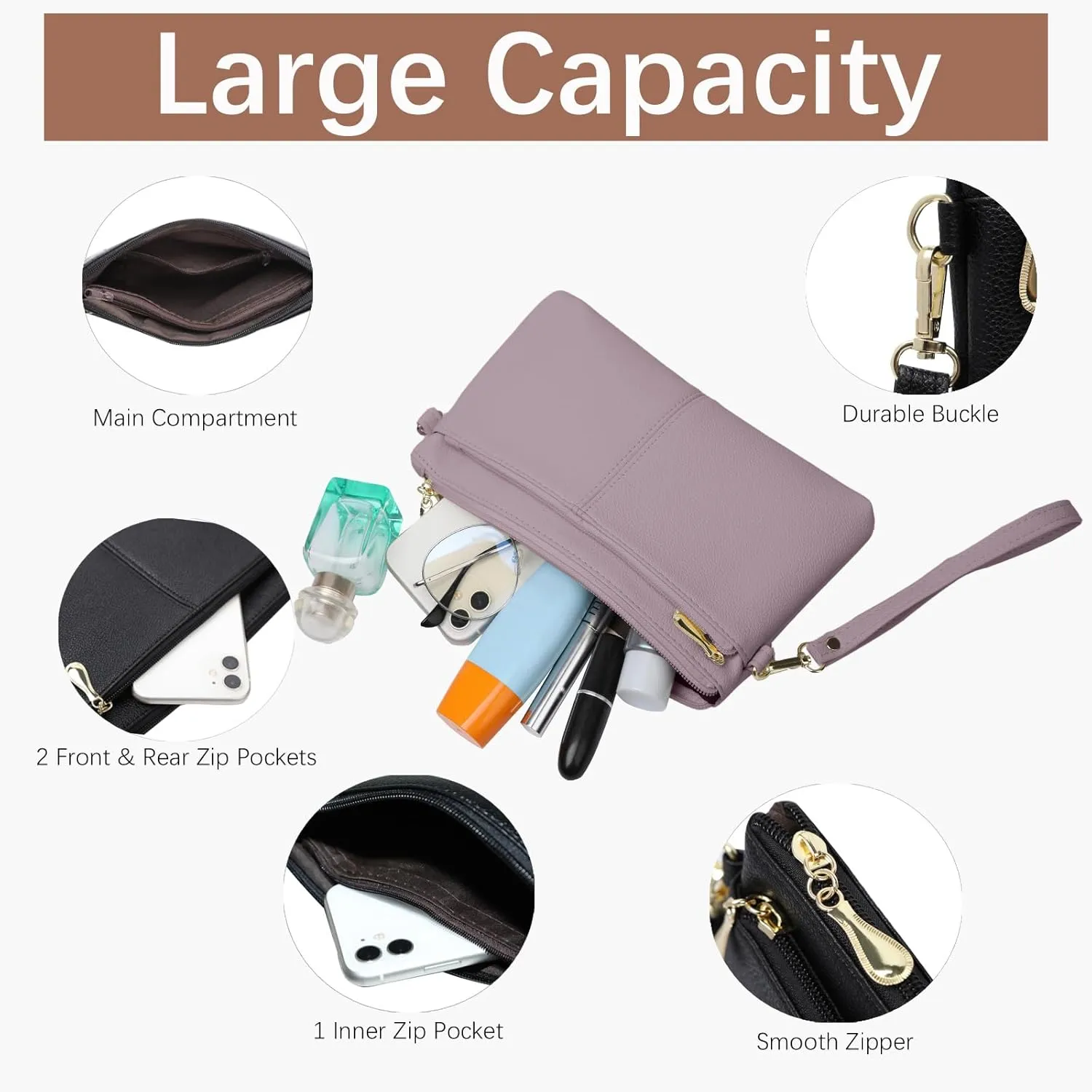 Leather Wristlet Clutch Wallet Purses For Women,Women's Triple Zip Cell Phone Bags Small Crossbody Bag