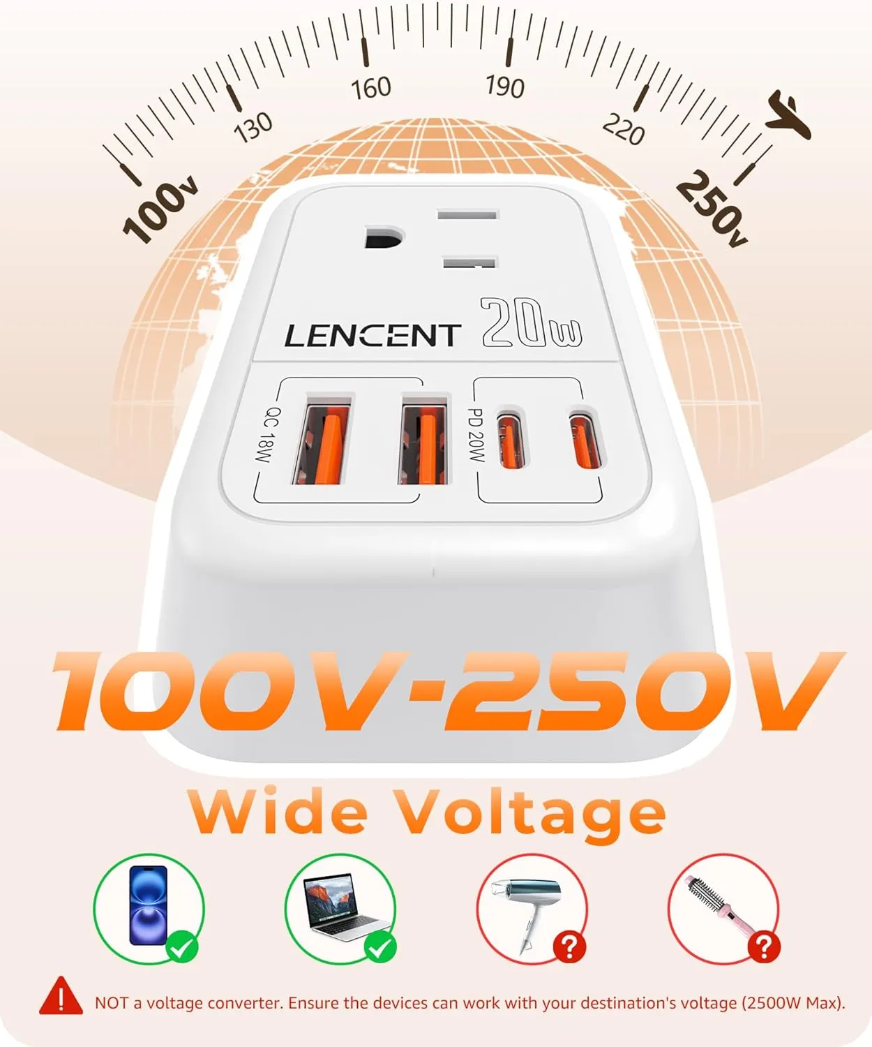 LENCENT Germany France Travel Power Adapter, PD 20W USB C Fast Charger Adaptor, Schuko Type E F Plug Adapter with 4 Outlet, Essentials for US to Europe EU Spain Greece Russia German