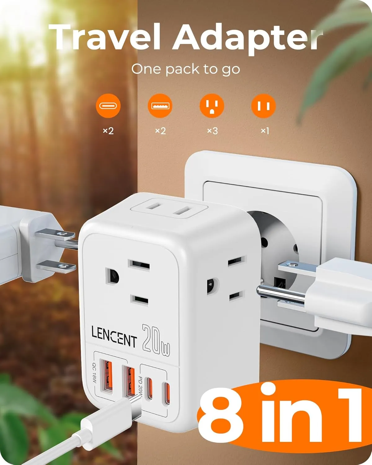 LENCENT Germany France Travel Power Adapter, PD 20W USB C Fast Charger Adaptor, Schuko Type E F Plug Adapter with 4 Outlet, Essentials for US to Europe EU Spain Greece Russia German