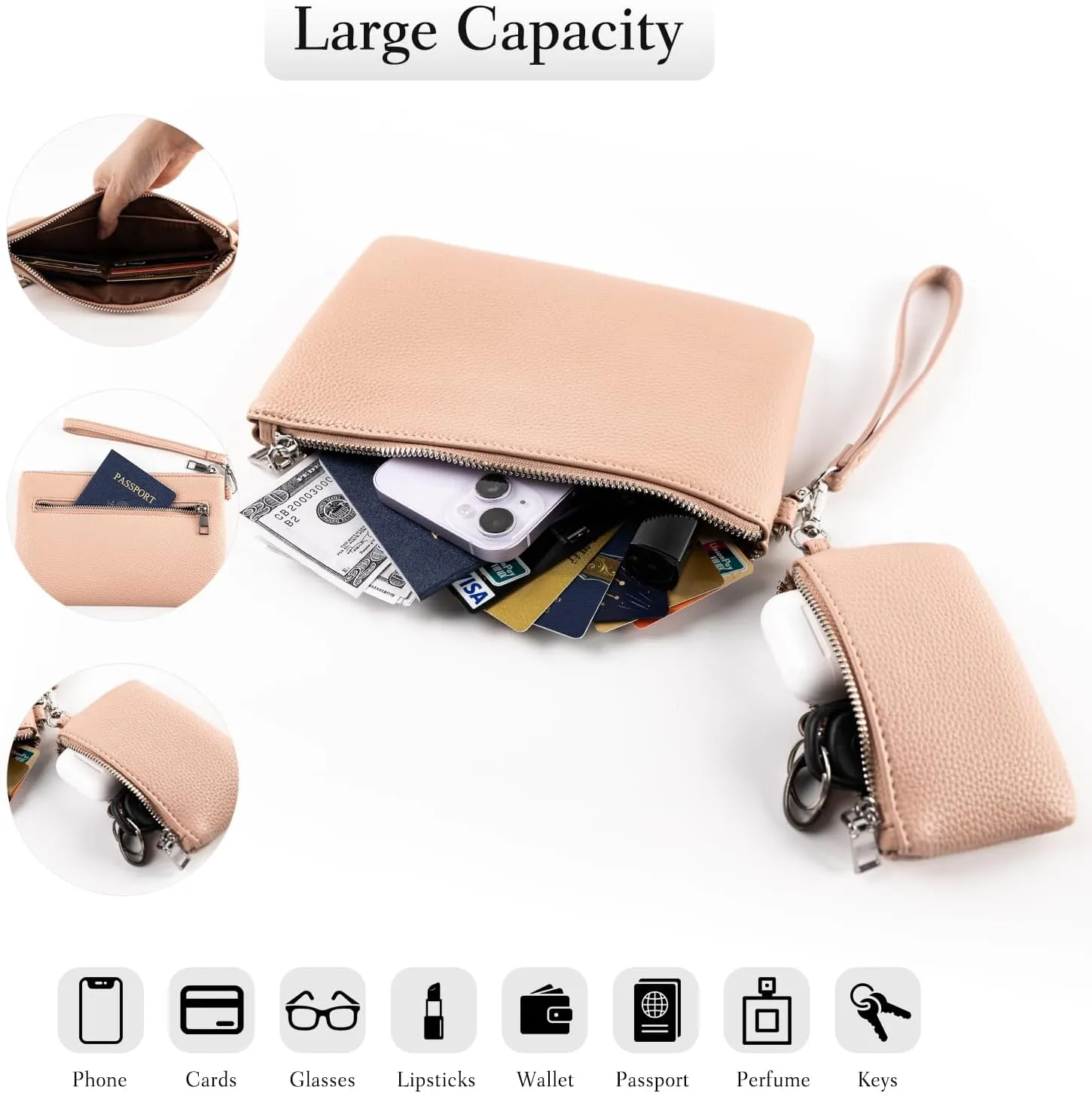letech  Wristlet Wallet for Women Dual Pouch Wristlet Portable keychain wallet Coin Purse Wristlet Clutch Wallet Purse Credit Card Holder Gifts for Women Ladies Female pink