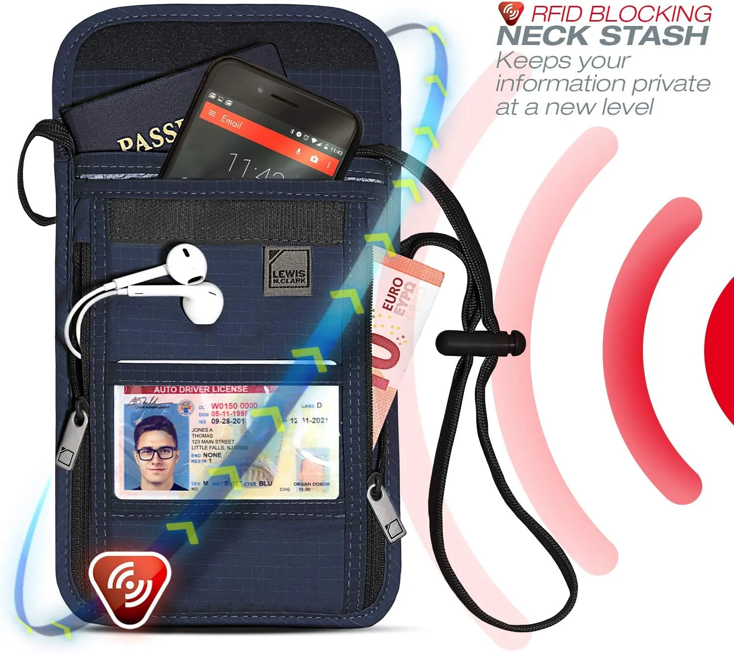 Lewis N. Clark RFID Blocking Stash Neck Wallet, Travel Pouch   Passport Holder for Women & Men, Navy, One Size