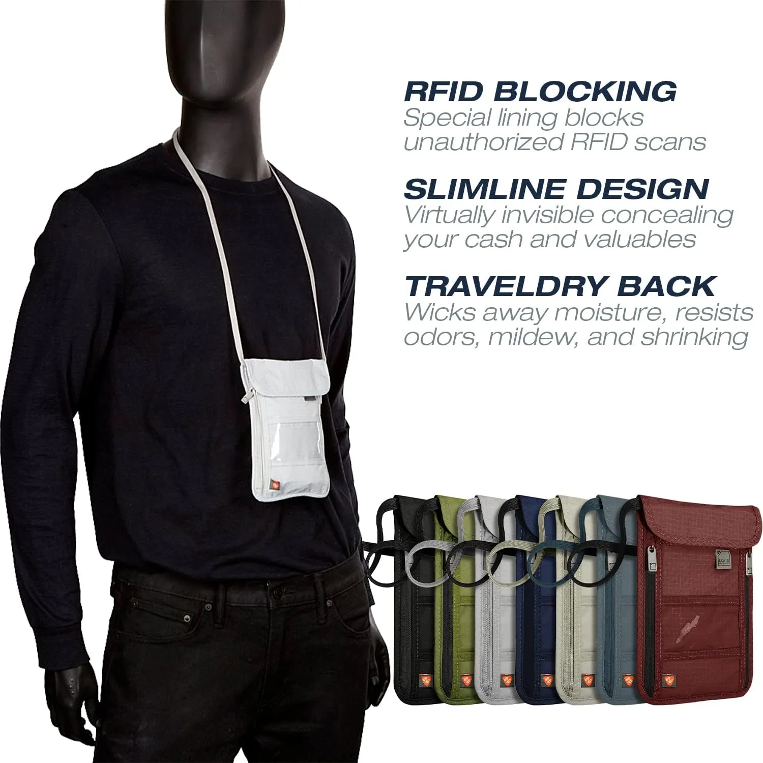 Lewis N. Clark RFID Blocking Stash Neck Wallet, Travel Pouch   Passport Holder for Women & Men, Navy, One Size