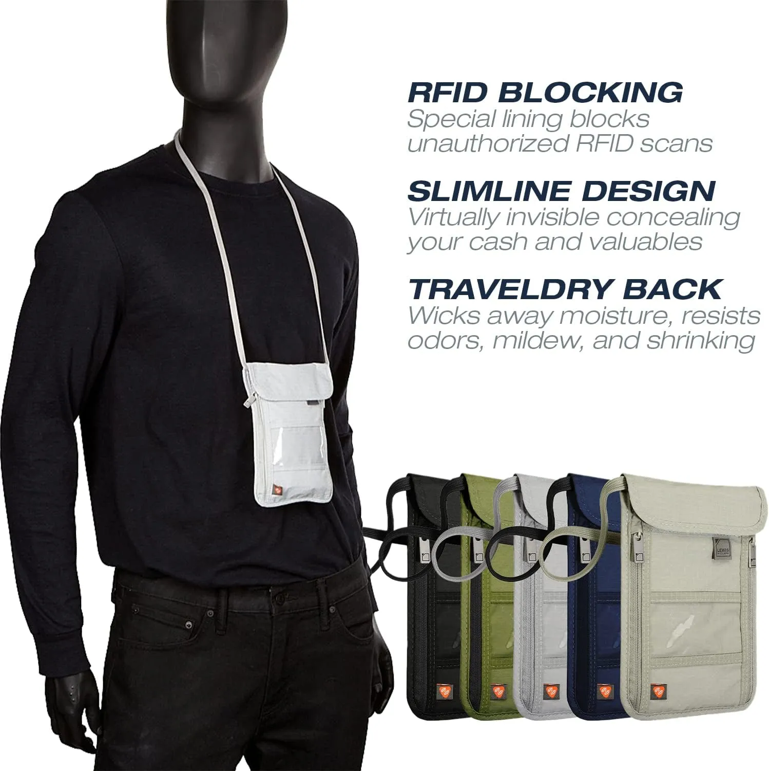 Lewis N. Clark Stash Neck Travel Wallet, RFID Blocking Passport Holder, Protect Personal Information, Charcoal