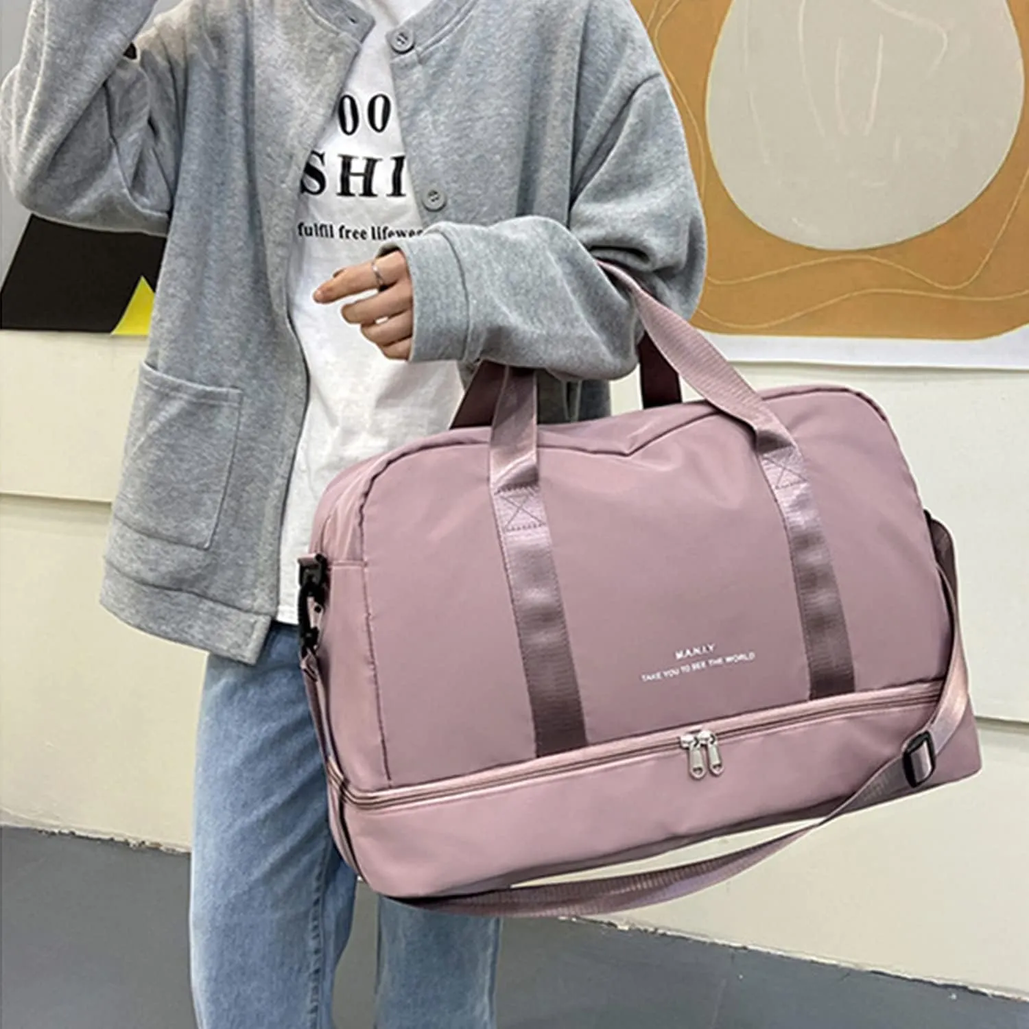 Light Gym Bag for Women, Travel Duffel Bag with Shoe Compartment, Weekender Overnight Bag with Wet Pocket for Women, Travel, Gym, Yoga （Pink）