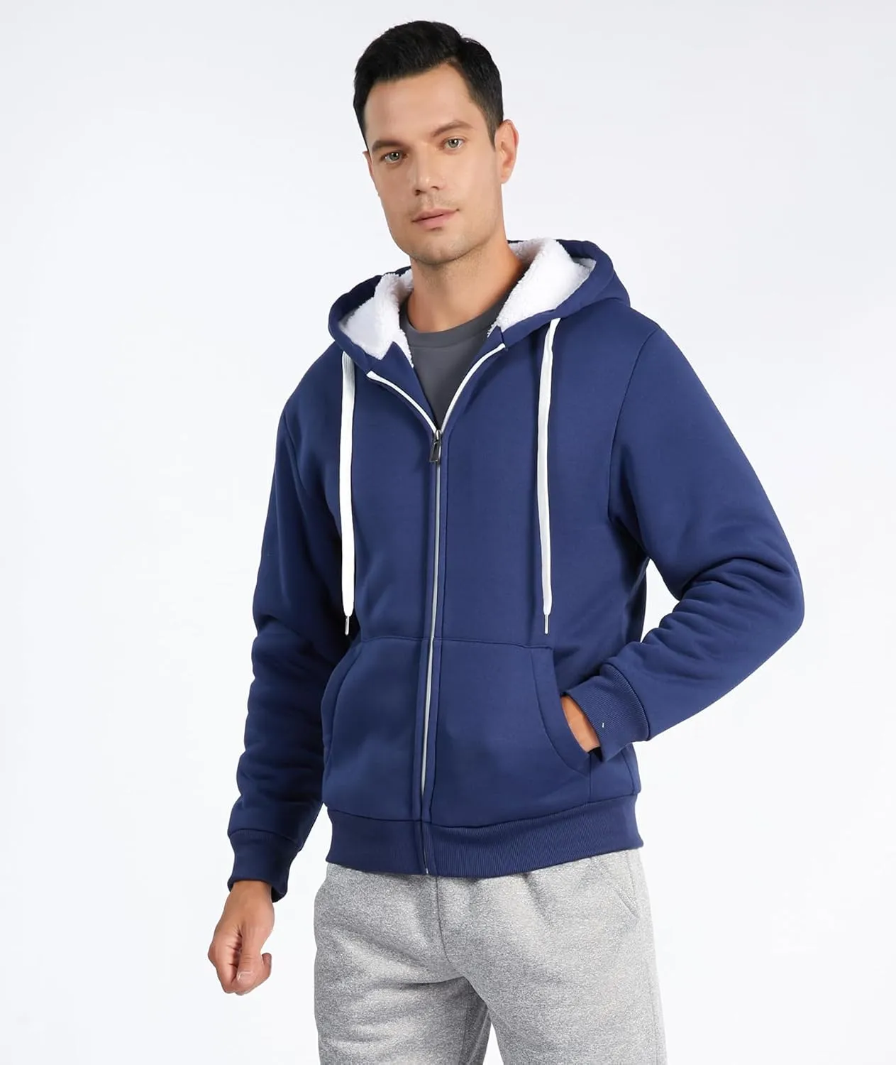 Little Beauty Fleece Hoodies for Men Winter Thick Jackets Sherpa Lined Zip Up Sweatshirt With Kanga Pocket