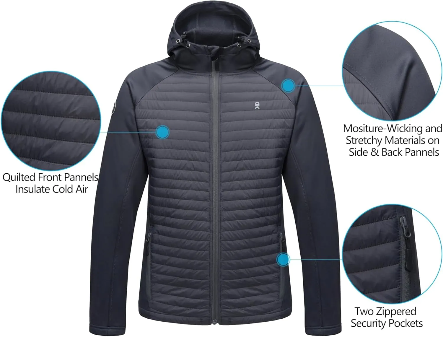 Little Donkey Andy Men's Insulated Running Warm Jacket, Thermal Hybrid Hiking Jacket