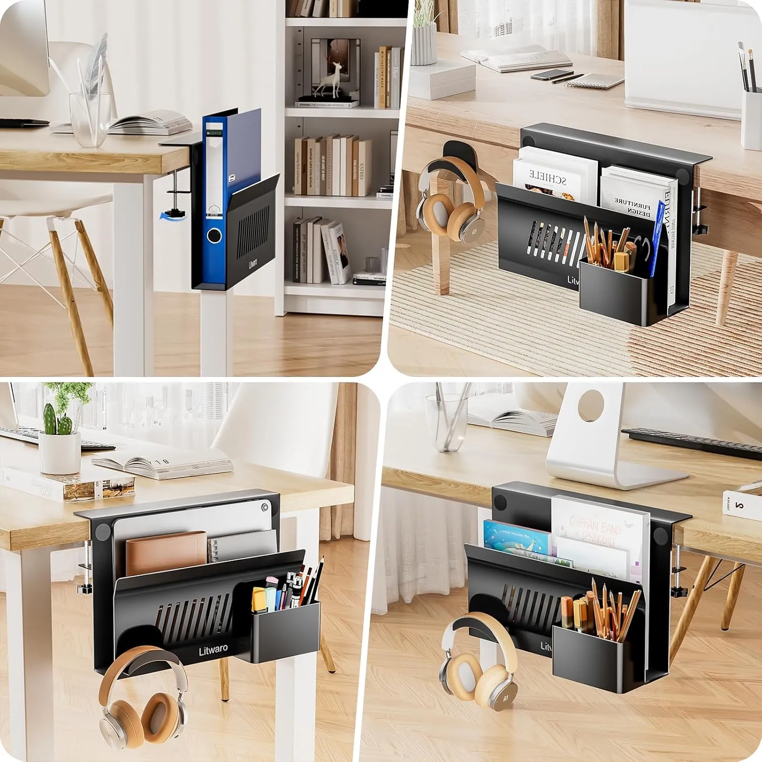 Litwaro Desk Side Storage, No Drill Laptop Holder with Magnetic Pen Holder, Clamp on Laptop Mount with Sticky Headphone Stand, Hanging Organizer for Office, Fits Flat Table Edge 0.4" to 2" (Black)