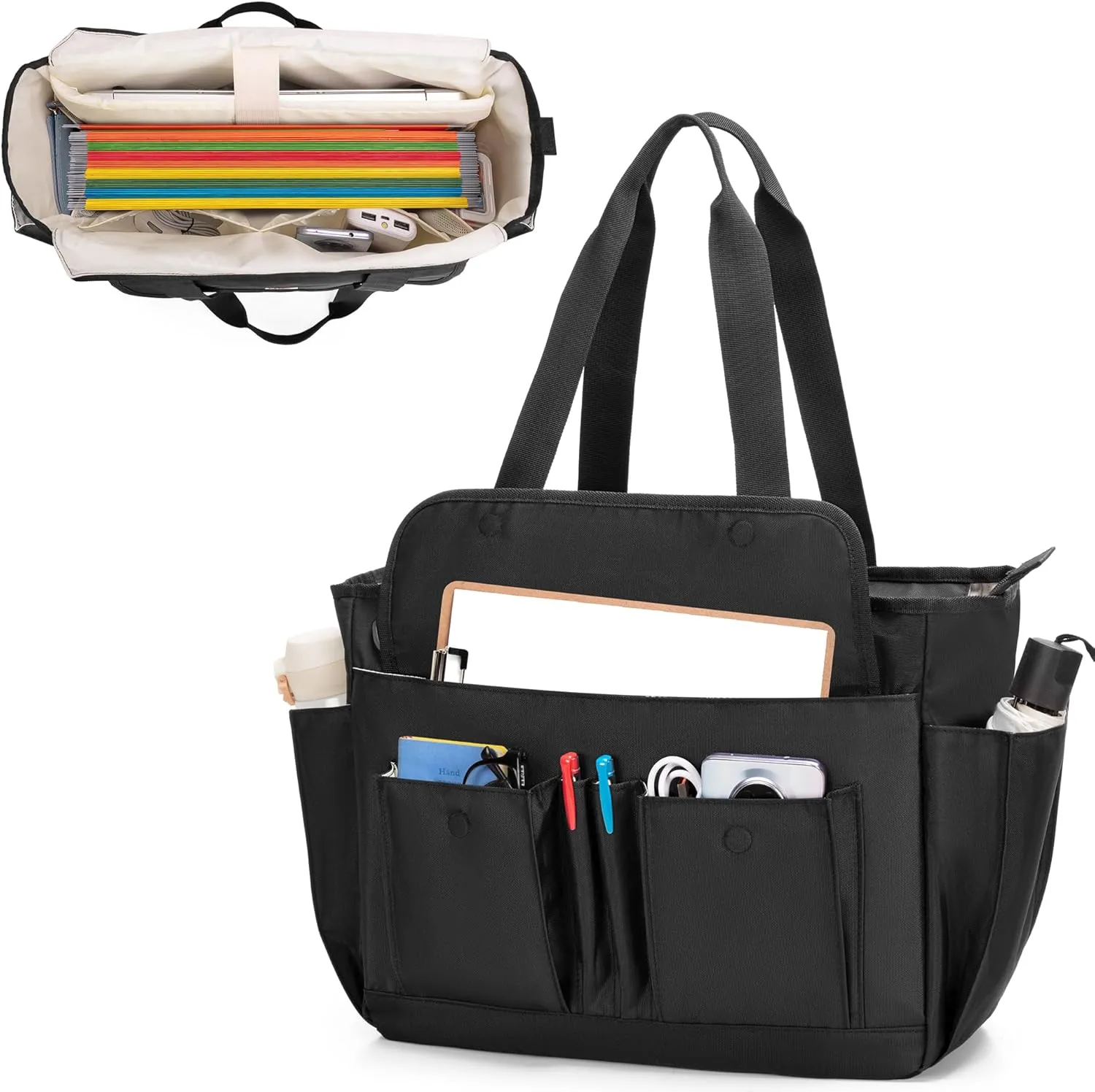 LoDrid Large File Folder Bag with Padded Sleeve for 15.6'' Laptop, File Organizer with Reinforced Straps and Zipper Top for Work, Black, Bag Only