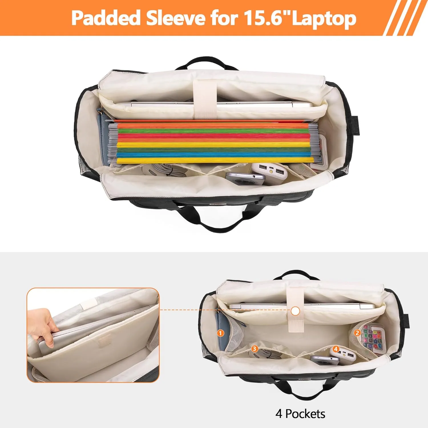 LoDrid Large File Folder Bag with Padded Sleeve for 15.6'' Laptop, File Organizer with Reinforced Straps and Zipper Top for Work, Black, Bag Only