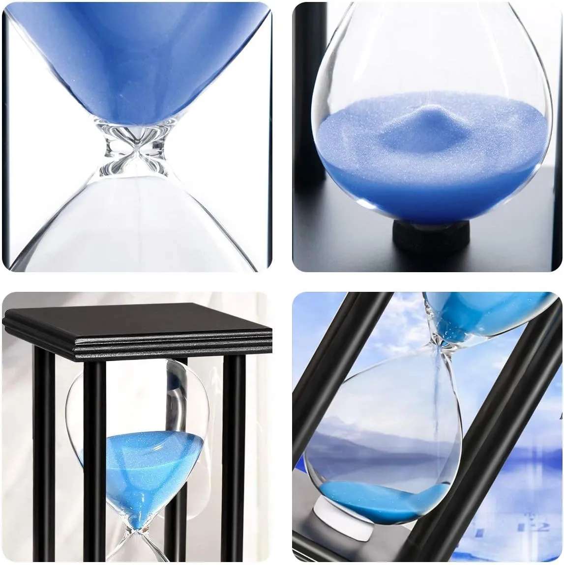 Lodunsyr Sandglass 60 Minutes Timer Hourglass 1 Hour for Ornament Decoration Xmas New Year Birthday Tea Coffee Table Book Shelf School Game Wooden Frame Sand Timer Blue