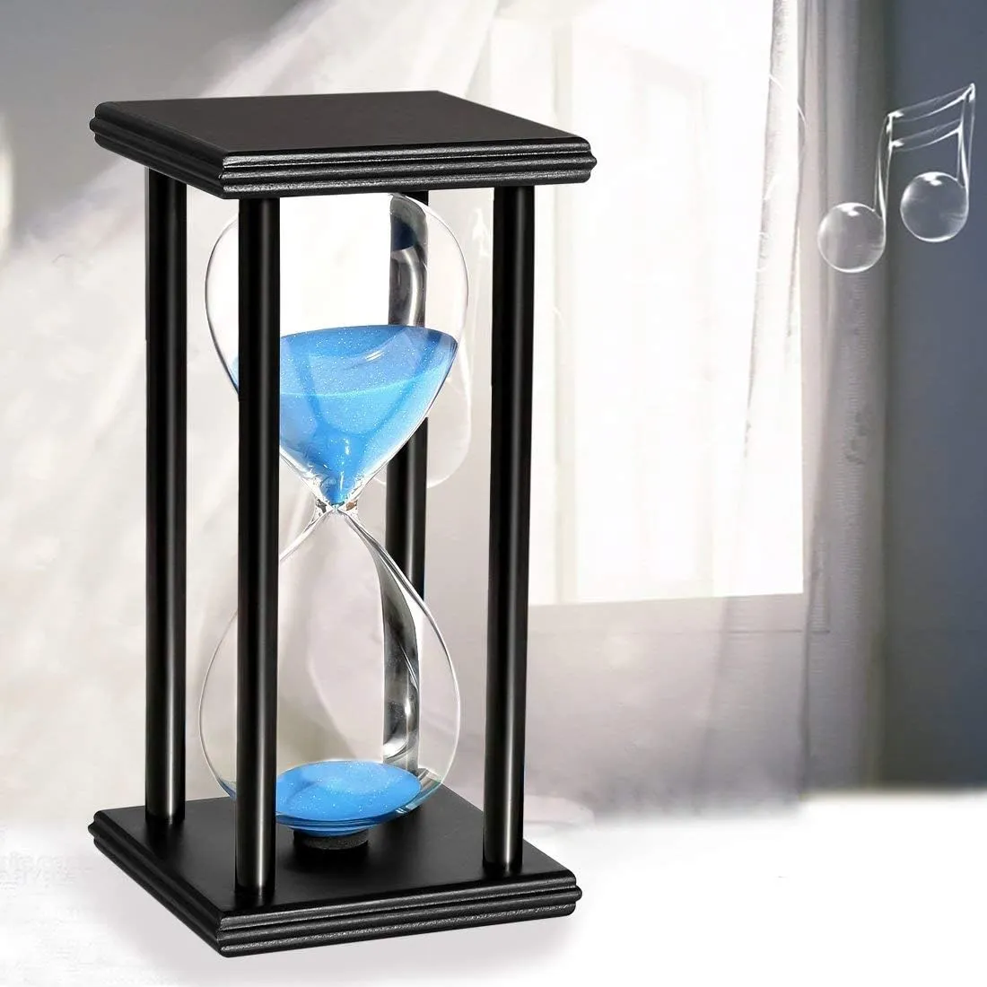 Lodunsyr Sandglass 60 Minutes Timer Hourglass 1 Hour for Ornament Decoration Xmas New Year Birthday Tea Coffee Table Book Shelf School Game Wooden Frame Sand Timer Blue