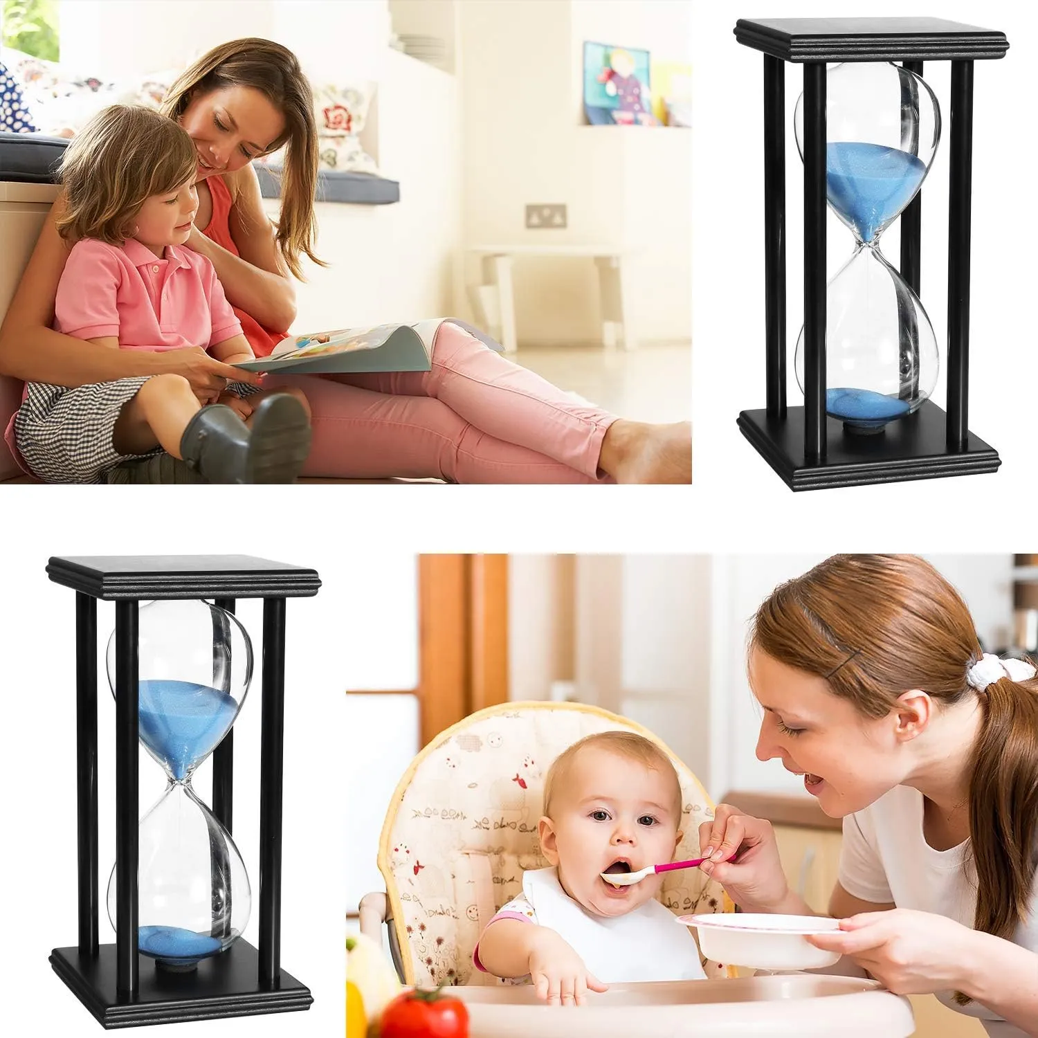 Lodunsyr Sandglass 60 Minutes Timer Hourglass 1 Hour for Ornament Decoration Xmas New Year Birthday Tea Coffee Table Book Shelf School Game Wooden Frame Sand Timer Blue