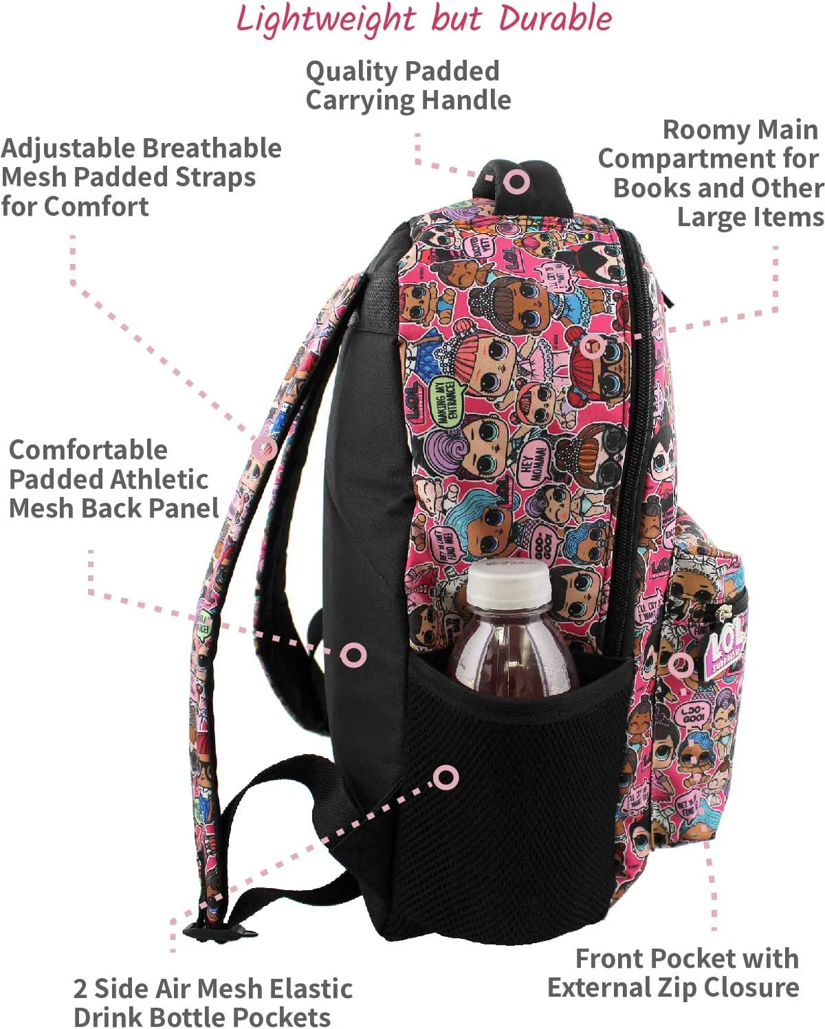 L.O.L. Surprise! Dolls Girls 16" School Backpack (One Size, Black/Pink)