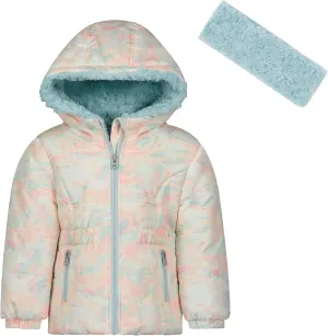 LONDON FOG baby-girls Hooded Winter Jacket With Matching Sherpa Headband