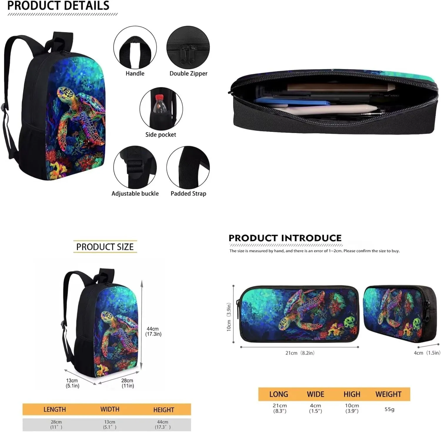 Lotusorchid 3D Turtle Printed Backpack Sets 3 for Boys, Large Capacity Students Bookbag with Lunch Box Pencil Case for Kids, Knapsack Lightweight 3PCs School Bag for High Middle School
