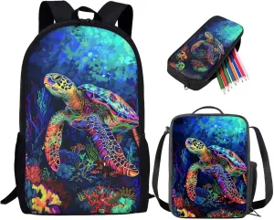 Lotusorchid 3D Turtle Printed Backpack Sets 3 for Boys, Large Capacity Students Bookbag with Lunch Box Pencil Case for Kids, Knapsack Lightweight 3PCs School Bag for High Middle School