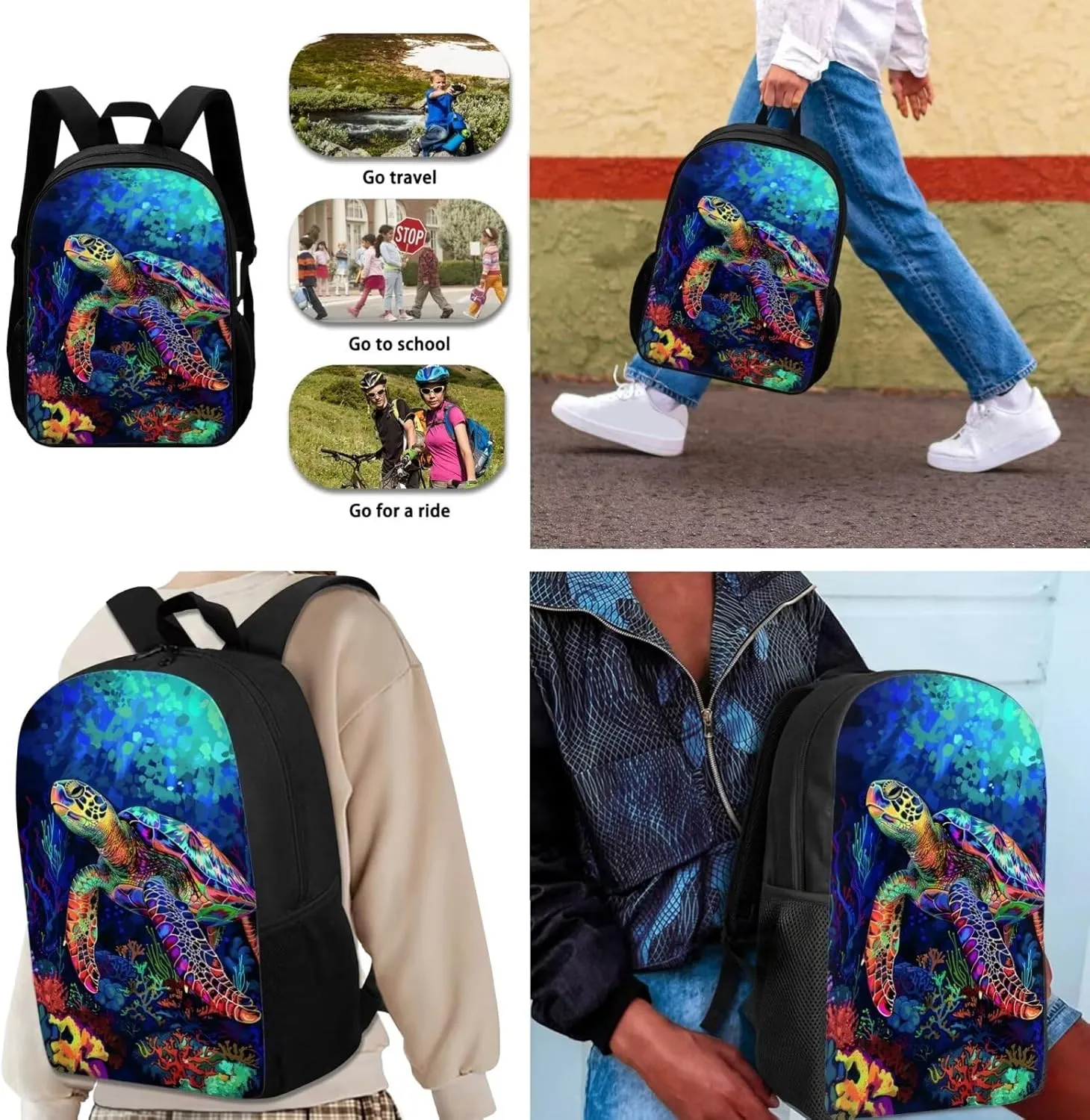 Lotusorchid 3D Turtle Printed Backpack Sets 3 for Boys, Large Capacity Students Bookbag with Lunch Box Pencil Case for Kids, Knapsack Lightweight 3PCs School Bag for High Middle School