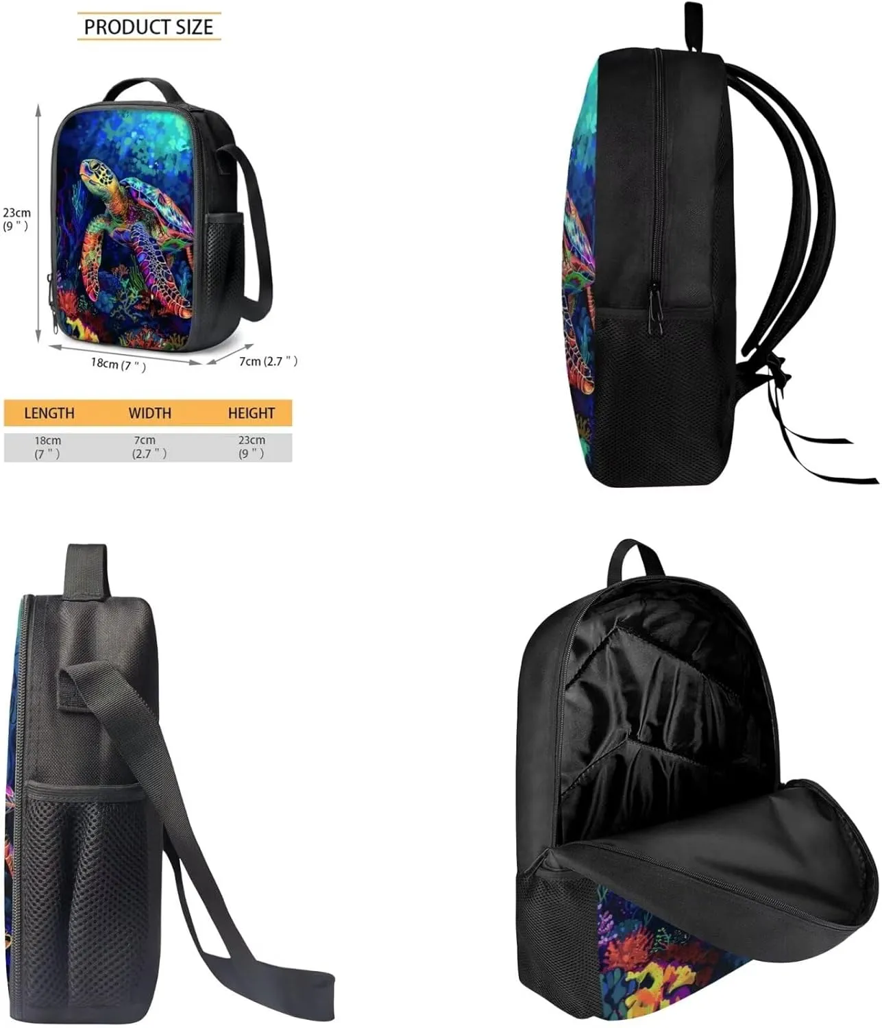 Lotusorchid 3D Turtle Printed Backpack Sets 3 for Boys, Large Capacity Students Bookbag with Lunch Box Pencil Case for Kids, Knapsack Lightweight 3PCs School Bag for High Middle School