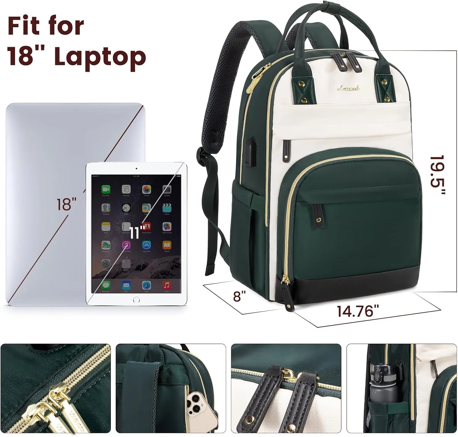 LOVEVOOK Backpack for Women,Laptop Backpack Women,Fits 18 Inch Laptop Bag,School Backpacks,Fashion Travel Work Anti-theft Bag,Waterproof Business Computer College Backpack Purse,Beige-Green-Black