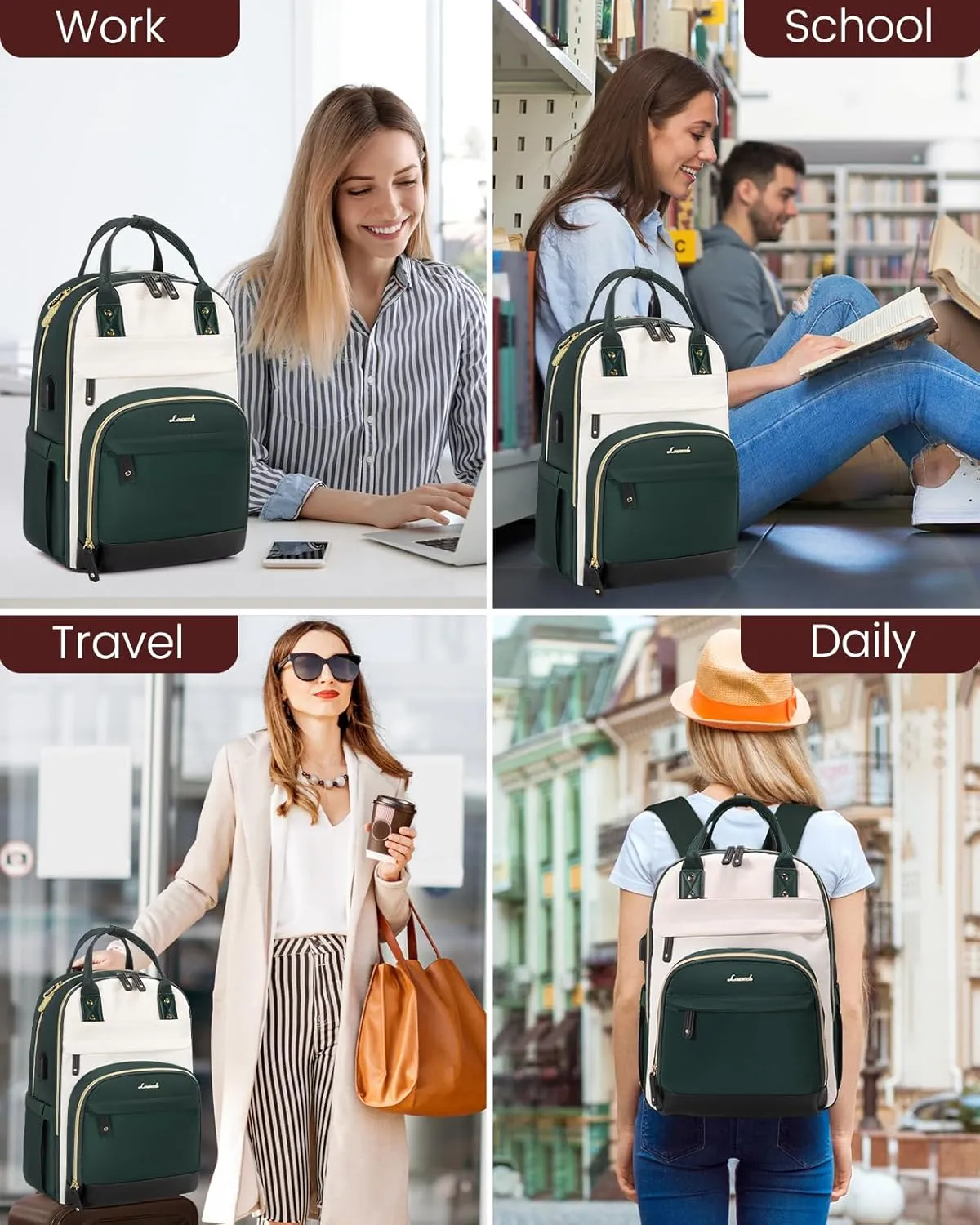 LOVEVOOK Backpack for Women,Laptop Backpack Women,Fits 18 Inch Laptop Bag,School Backpacks,Fashion Travel Work Anti-theft Bag,Waterproof Business Computer College Backpack Purse,Beige-Green-Black