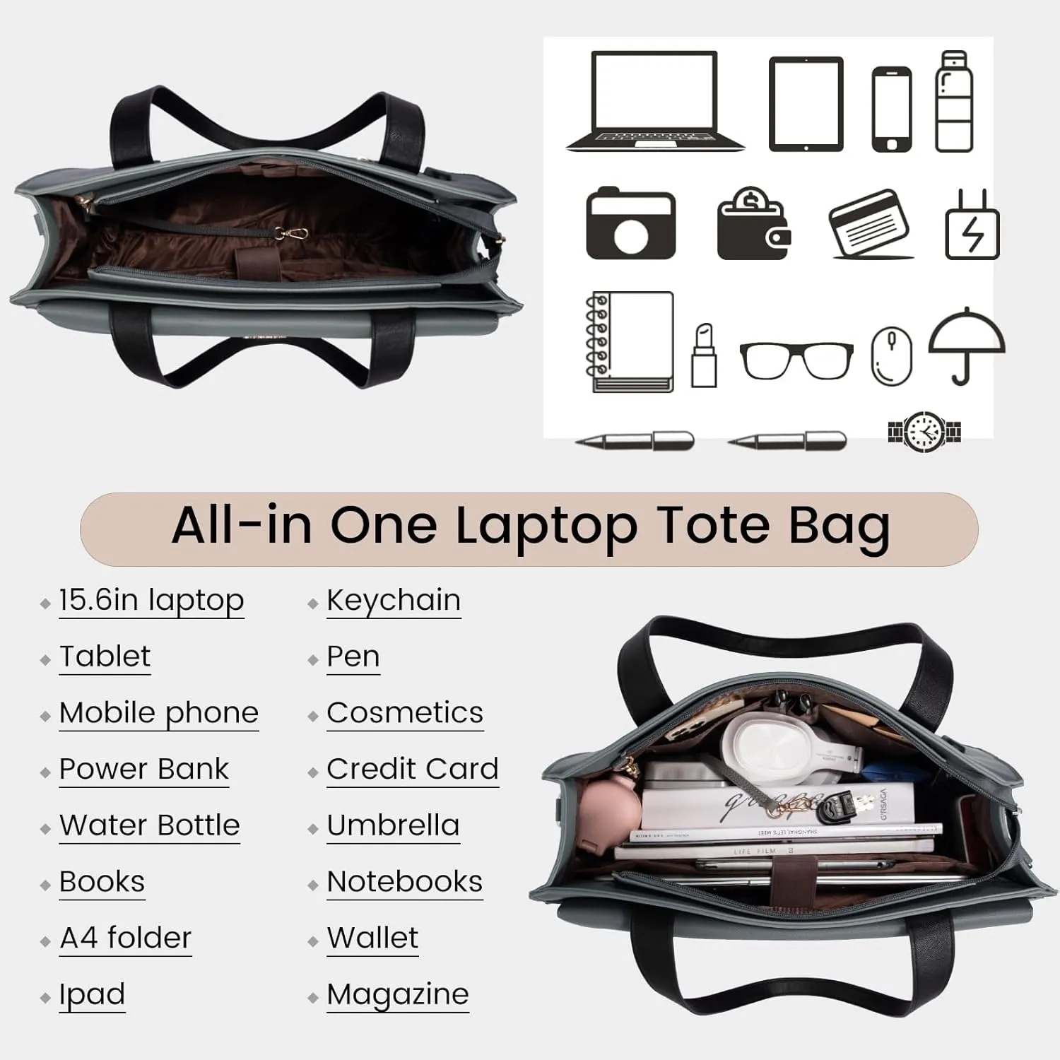 LOVEVOOK Laptop Tote for Women - 15.6 Inch Professional Leather Computer Briefcase - Waterproof Shoulder Bag - Large Capacity Business Teacher Office Bag - Crossbody Purse