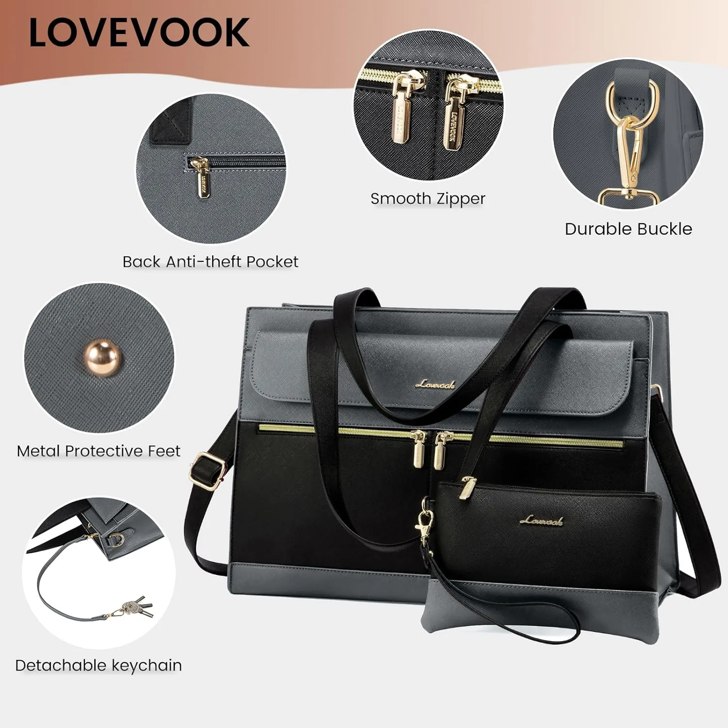 LOVEVOOK Laptop Tote for Women - 15.6 Inch Professional Leather Computer Briefcase - Waterproof Shoulder Bag - Large Capacity Business Teacher Office Bag - Crossbody Purse
