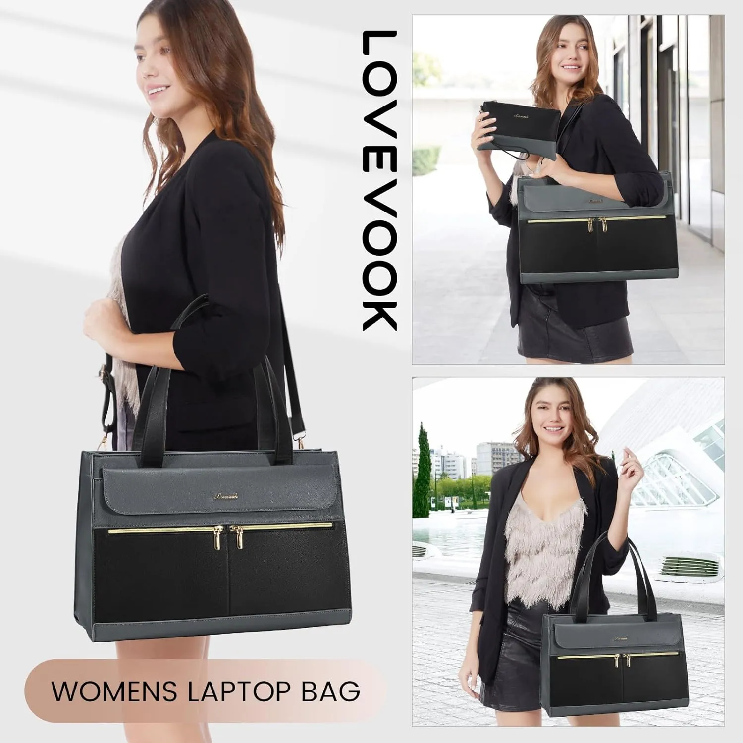 LOVEVOOK Laptop Tote for Women - 15.6 Inch Professional Leather Computer Briefcase - Waterproof Shoulder Bag - Large Capacity Business Teacher Office Bag - Crossbody Purse