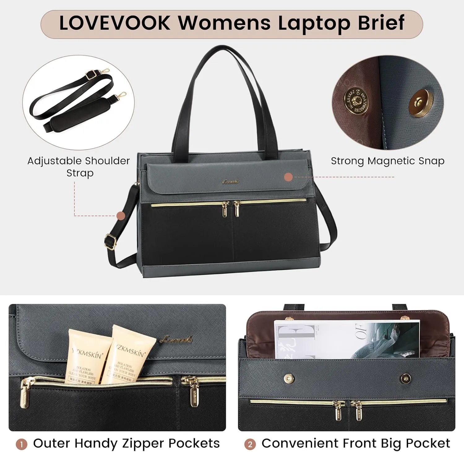 LOVEVOOK Laptop Tote for Women - 15.6 Inch Professional Leather Computer Briefcase - Waterproof Shoulder Bag - Large Capacity Business Teacher Office Bag - Crossbody Purse