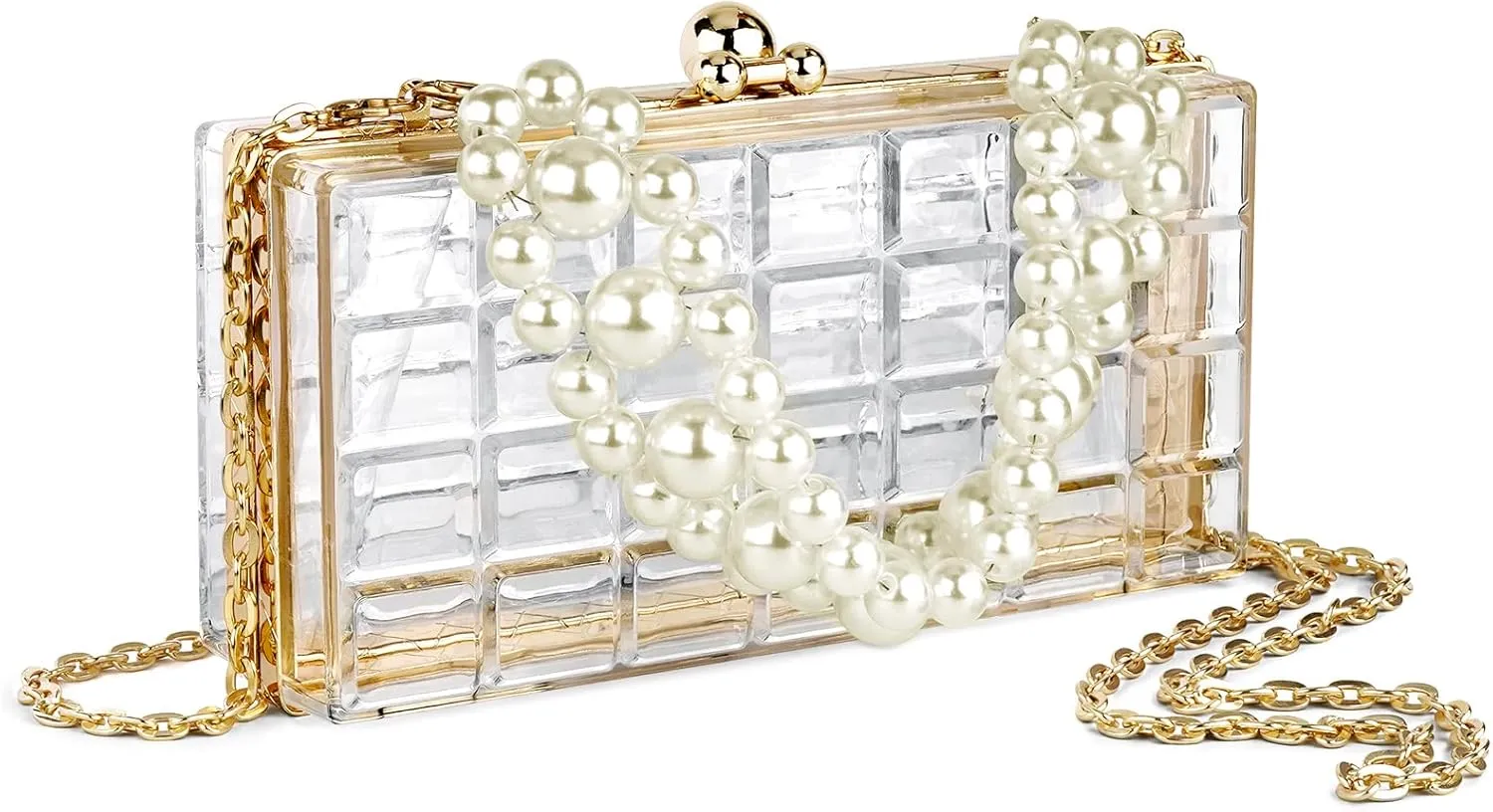 LUEXBOX Acrylic Women Clear Purse, Evening Clutch Handbag with Removable Gold Chain, Transparent Crossbody Shoulder Stadium Purse for Gameday, Bridal, Bachelorette Party, Prom & Concert (Check)