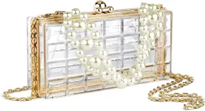 LUEXBOX Acrylic Women Clear Purse, Evening Clutch Handbag with Removable Gold Chain, Transparent Crossbody Shoulder Stadium Purse for Gameday, Bridal, Bachelorette Party, Prom & Concert (Check)