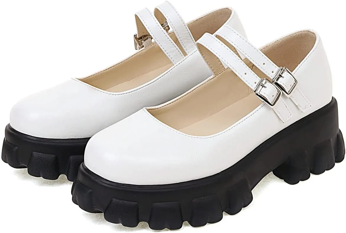 Lug Sole Mary Janes for Women Double Strap Chunky Heel Goth Platform Dress Pumps