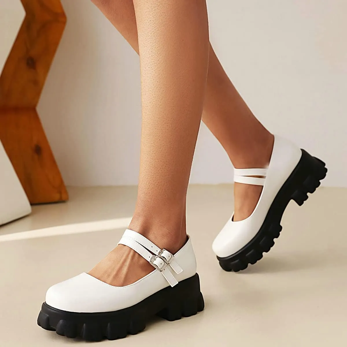 Lug Sole Mary Janes for Women Double Strap Chunky Heel Goth Platform Dress Pumps