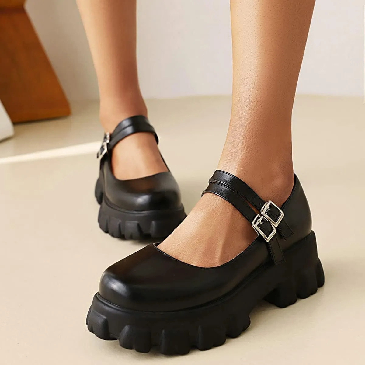 Lug Sole Mary Janes for Women Double Strap Chunky Heel Goth Platform Dress Pumps