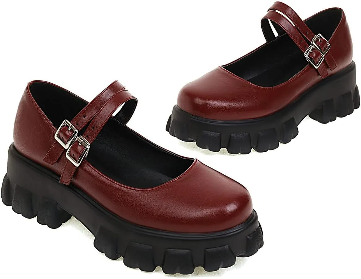 Lug Sole Mary Janes for Women Double Strap Chunky Heel Goth Platform Dress Pumps