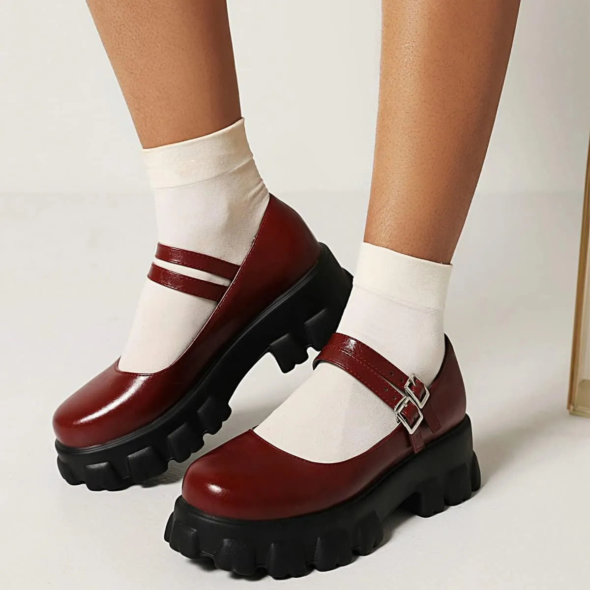 Lug Sole Mary Janes for Women Double Strap Chunky Heel Goth Platform Dress Pumps
