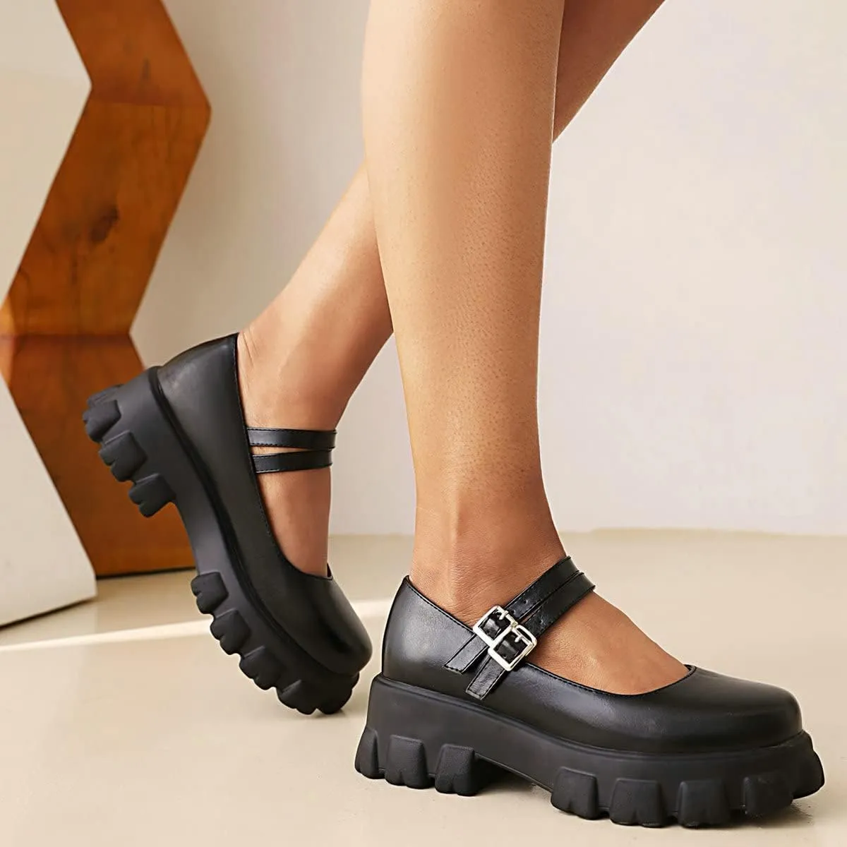 Lug Sole Mary Janes for Women Double Strap Chunky Heel Goth Platform Dress Pumps