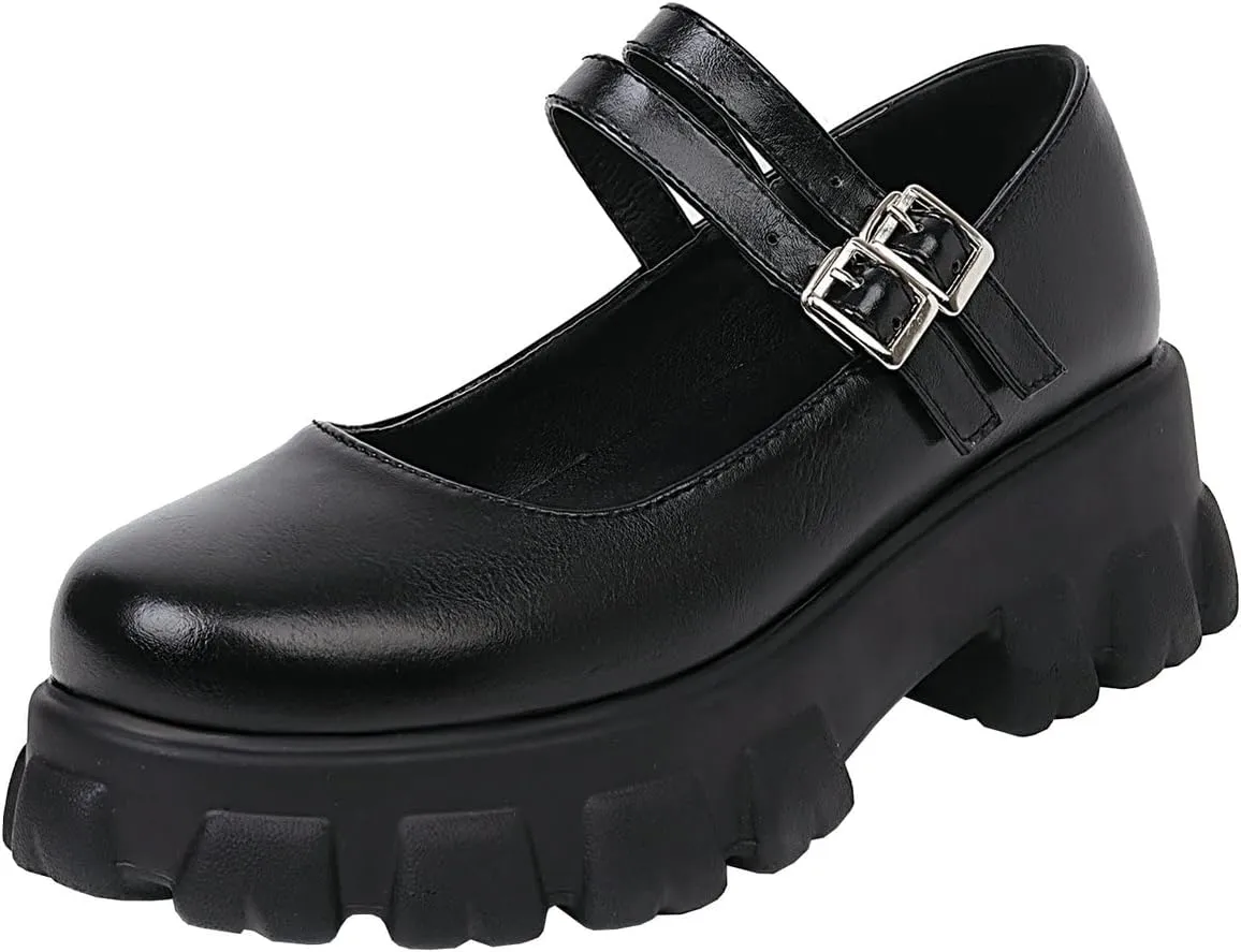 Lug Sole Mary Janes for Women Double Strap Chunky Heel Goth Platform Dress Pumps