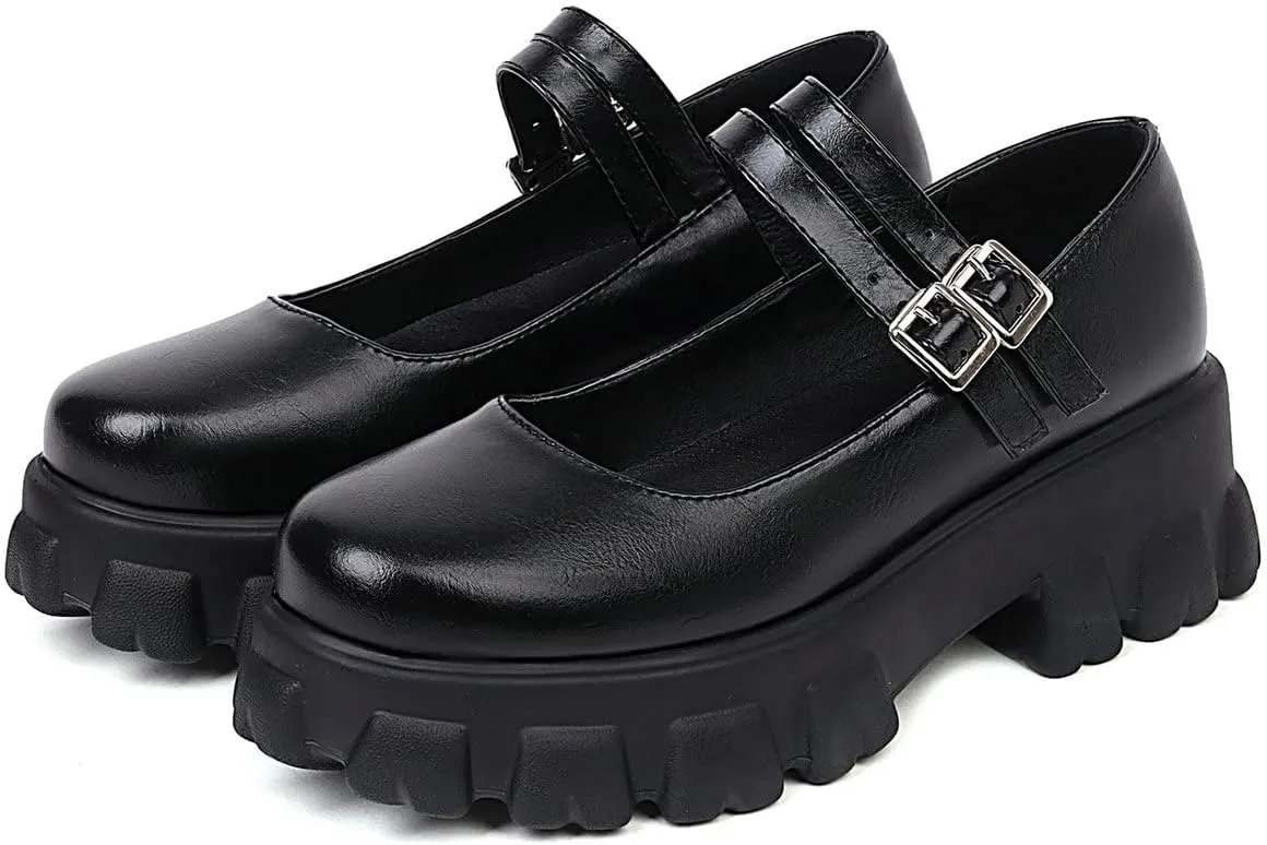 Lug Sole Mary Janes for Women Double Strap Chunky Heel Goth Platform Dress Pumps