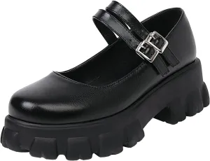 Lug Sole Mary Janes for Women Double Strap Chunky Heel Goth Platform Dress Pumps
