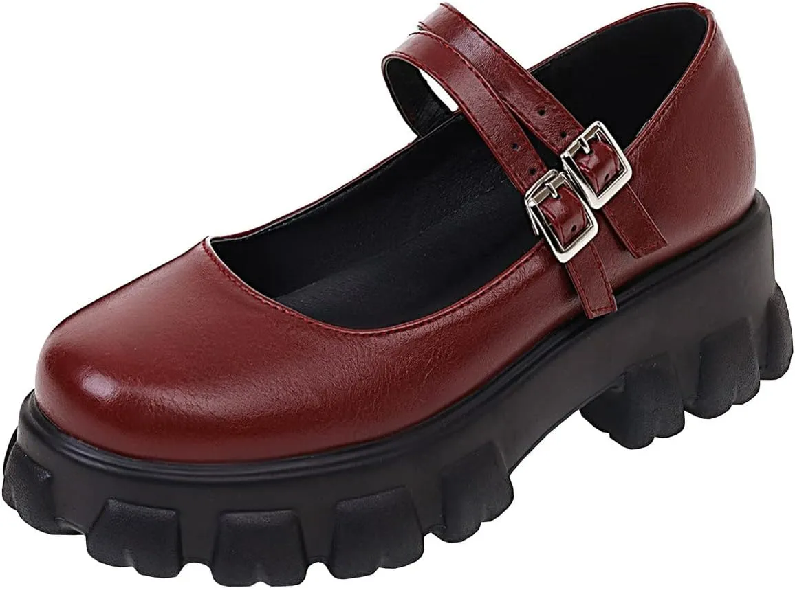 Lug Sole Mary Janes for Women Double Strap Chunky Heel Goth Platform Dress Pumps