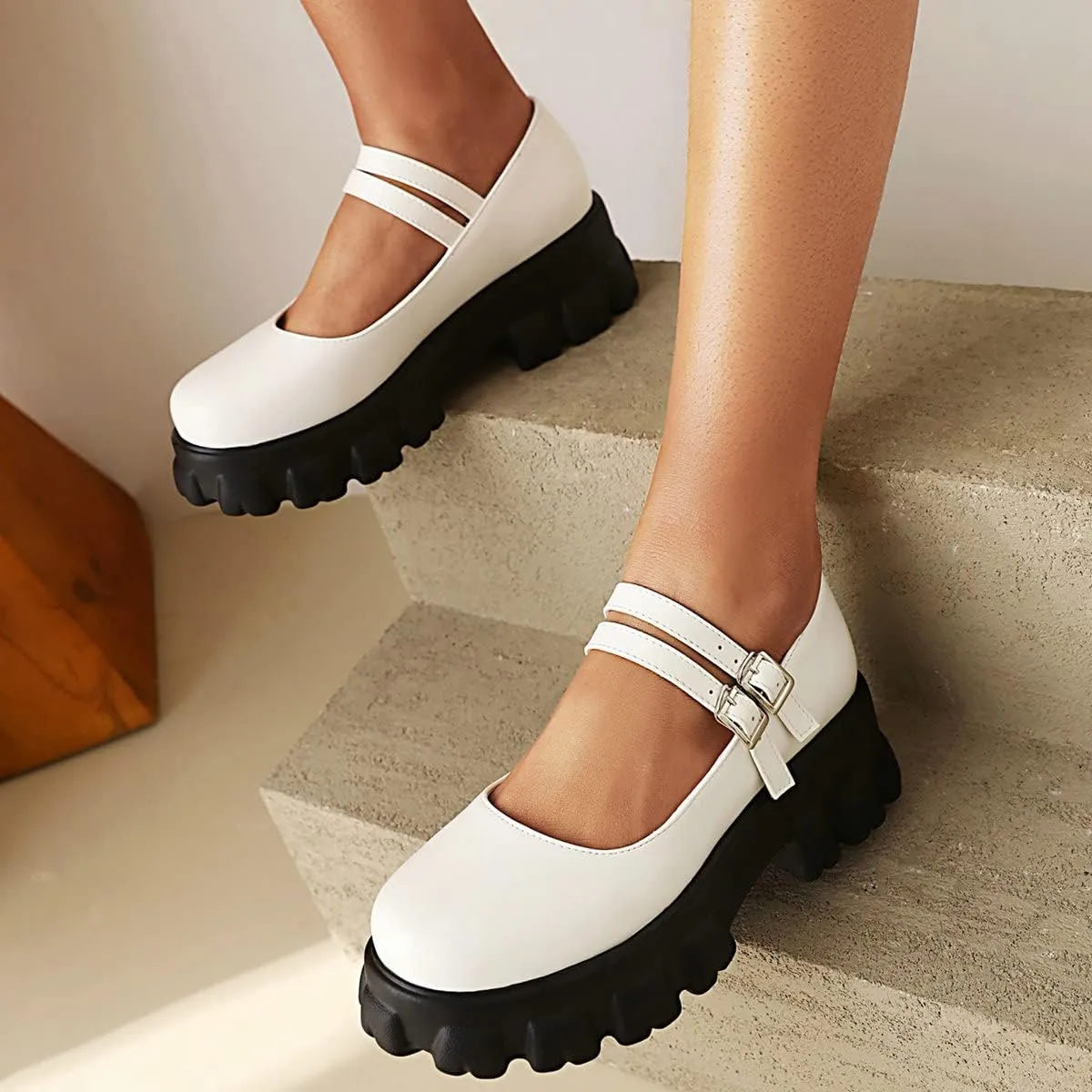 Lug Sole Mary Janes for Women Double Strap Chunky Heel Goth Platform Dress Pumps