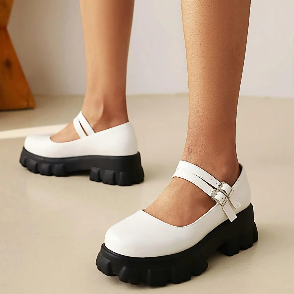 Lug Sole Mary Janes for Women Double Strap Chunky Heel Goth Platform Dress Pumps