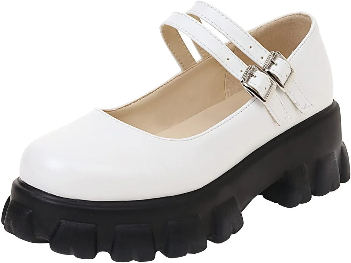 Lug Sole Mary Janes for Women Double Strap Chunky Heel Goth Platform Dress Pumps