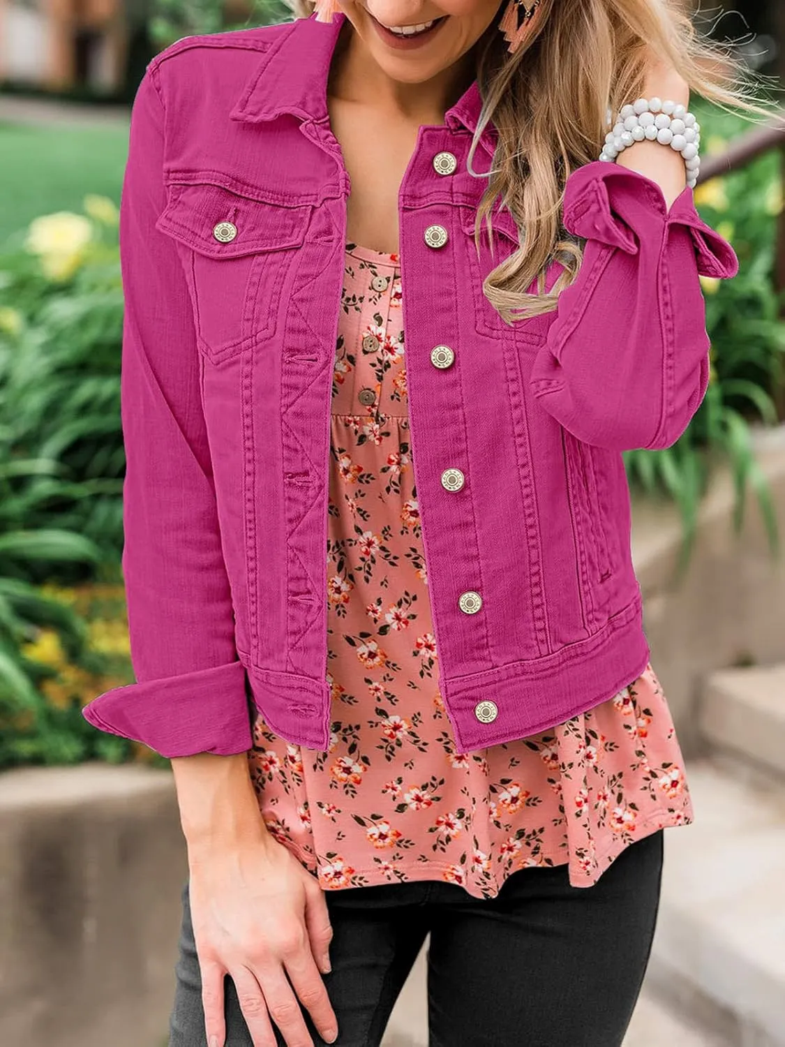 luvamia Women's Basic Button Down Stretch Fitted Long Sleeves Denim Jean Jacket
