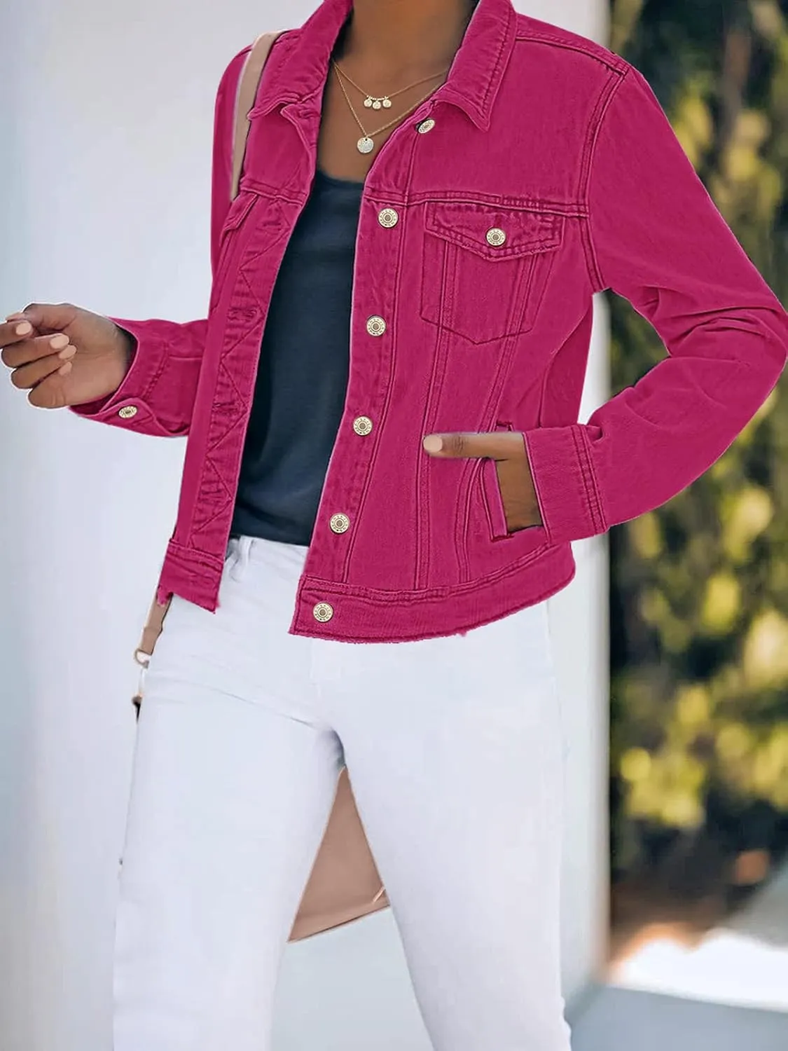 luvamia Women's Basic Button Down Stretch Fitted Long Sleeves Denim Jean Jacket