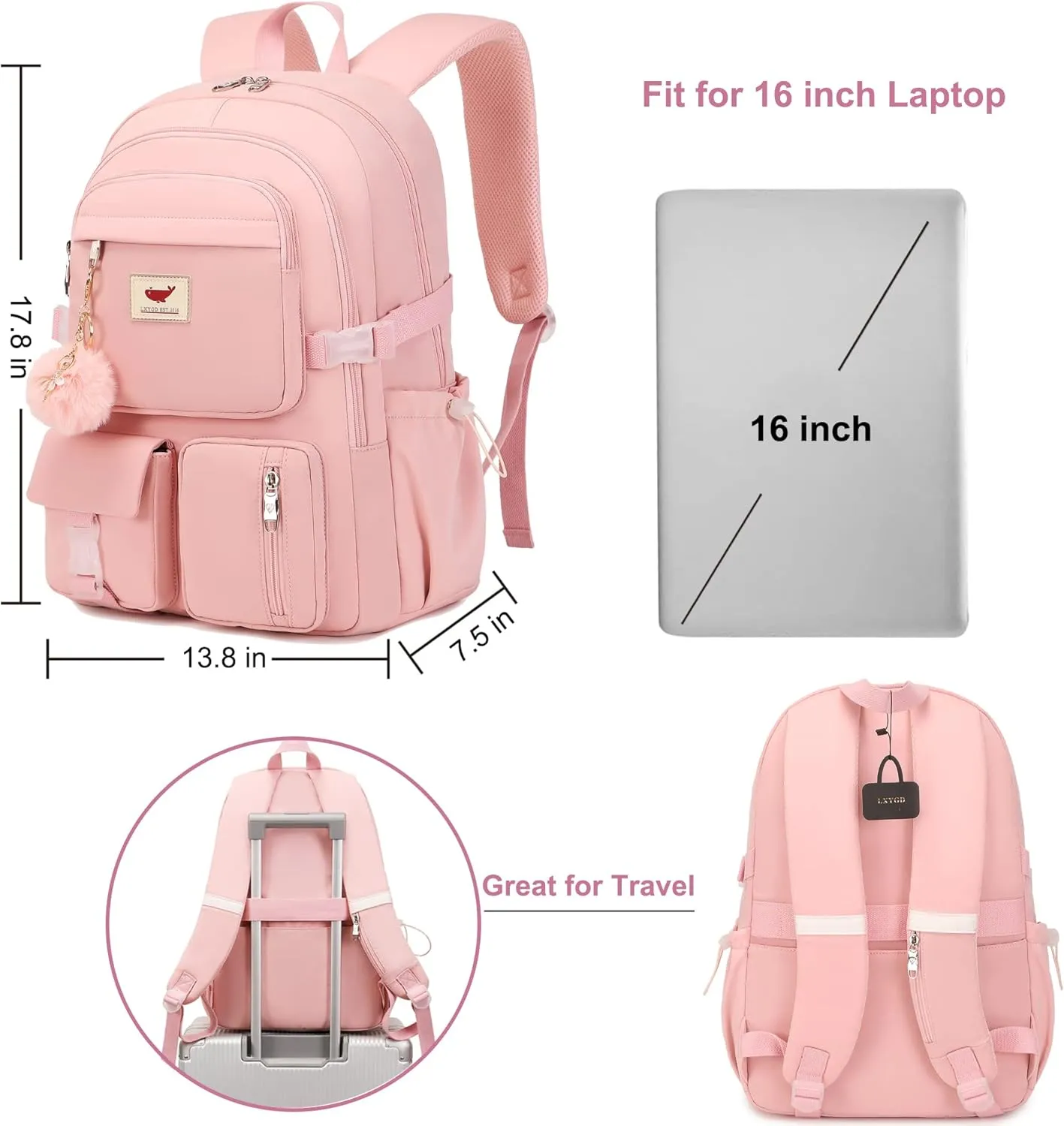 LXYGD Laptop Backpack 15.6 Inch Kids Elementary Middle High School Bag College Backpacks Anti Theft Travel Back Pack Large Bookbags for Teens Girls Women Students (Pink)